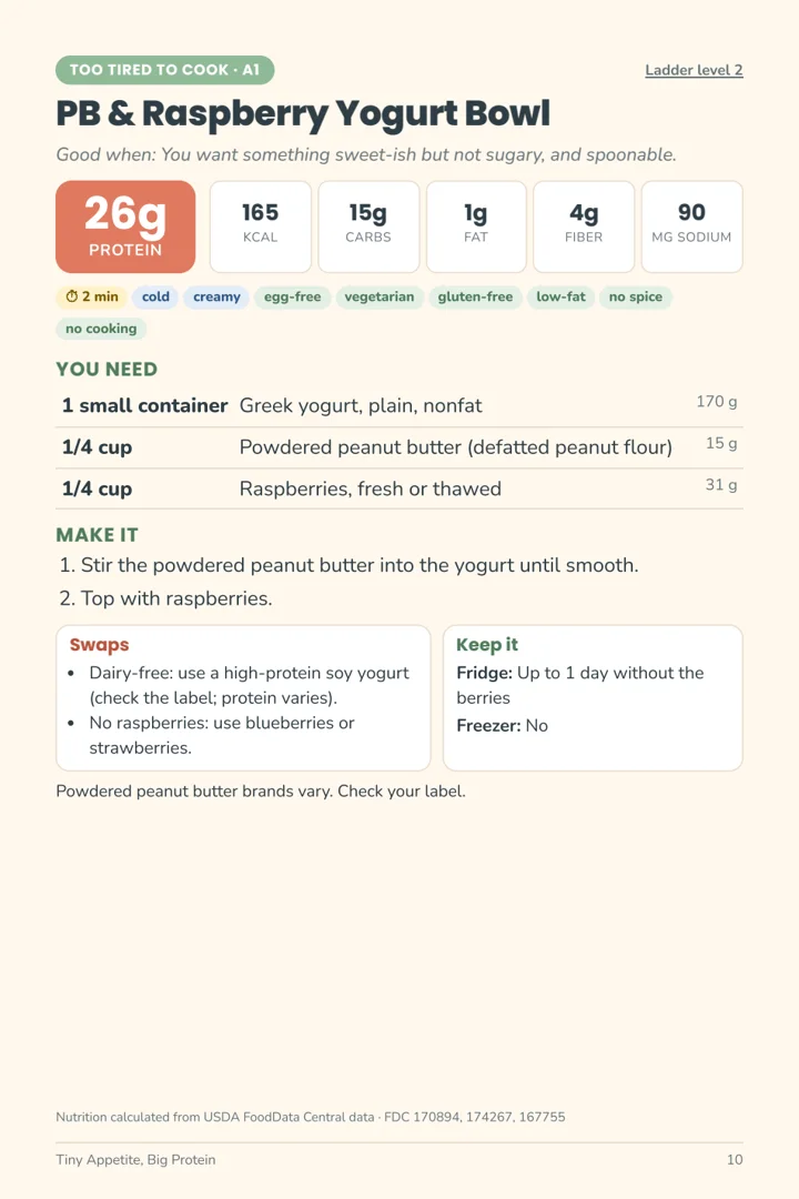 A meal card: PB & Raspberry Yogurt Bowl, 26 g protein